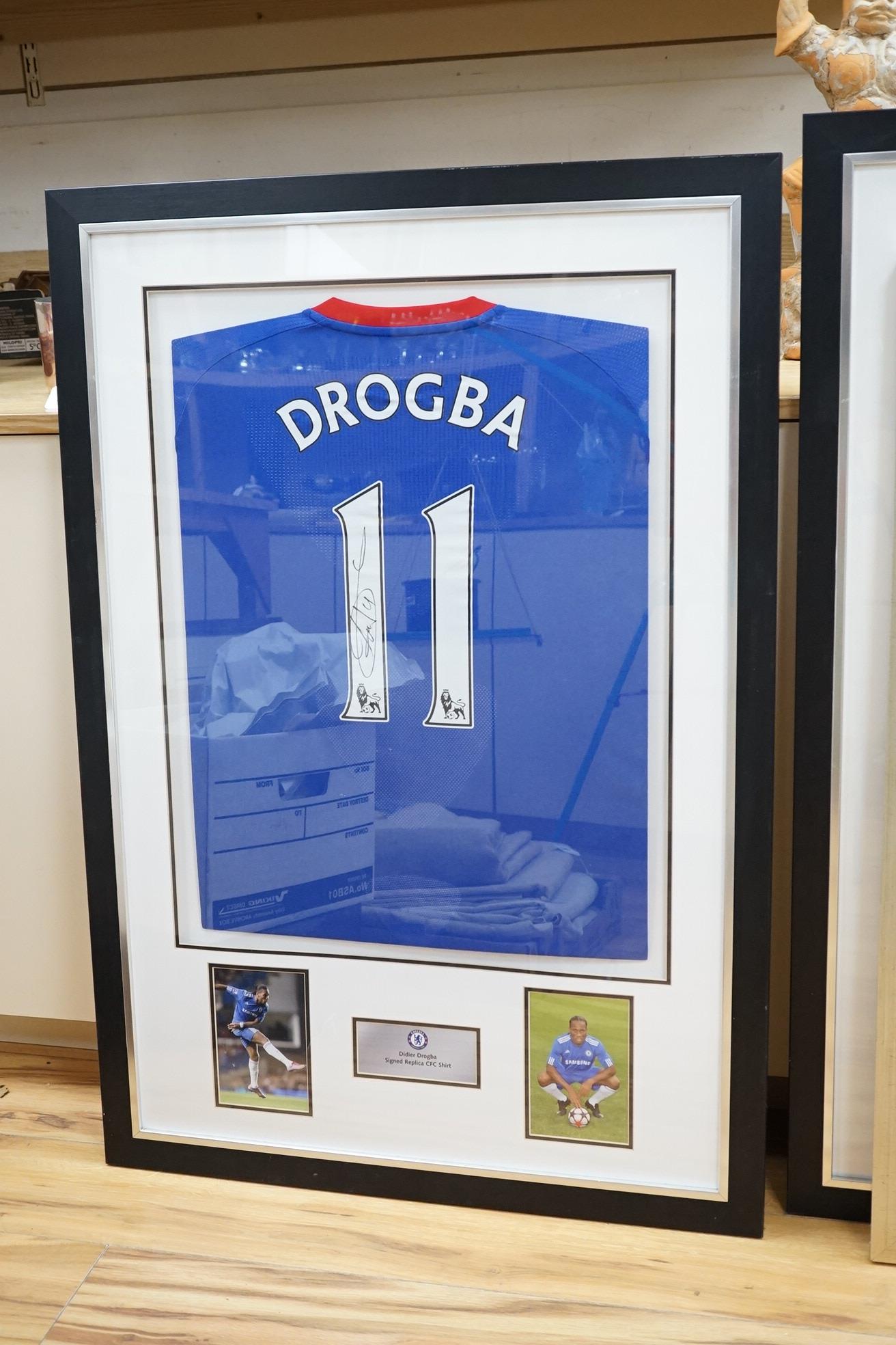 Three signed football shirts, to include England World Cup 2006 and Didier Drogba signed replica CFC shirt, framed. Condition - good